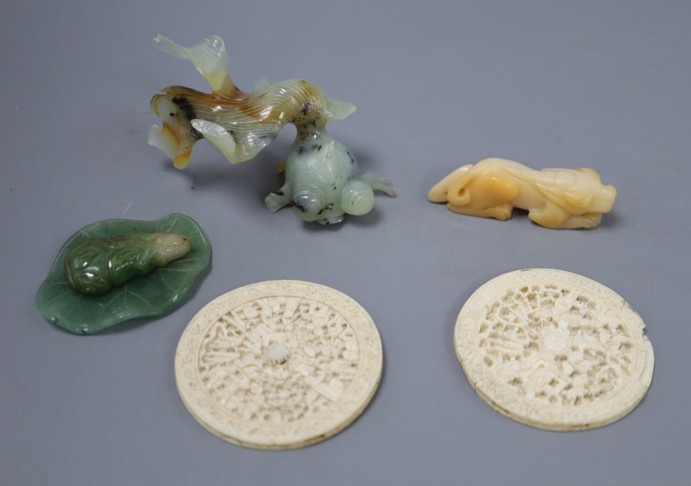 Six Chinese carvings: two ivory, three jade and another